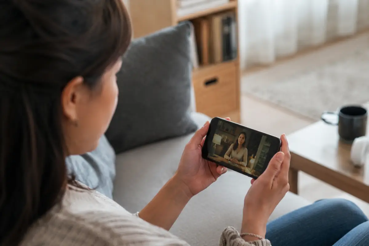 Personne consultant une vidéo sur smartphone sans texte visible