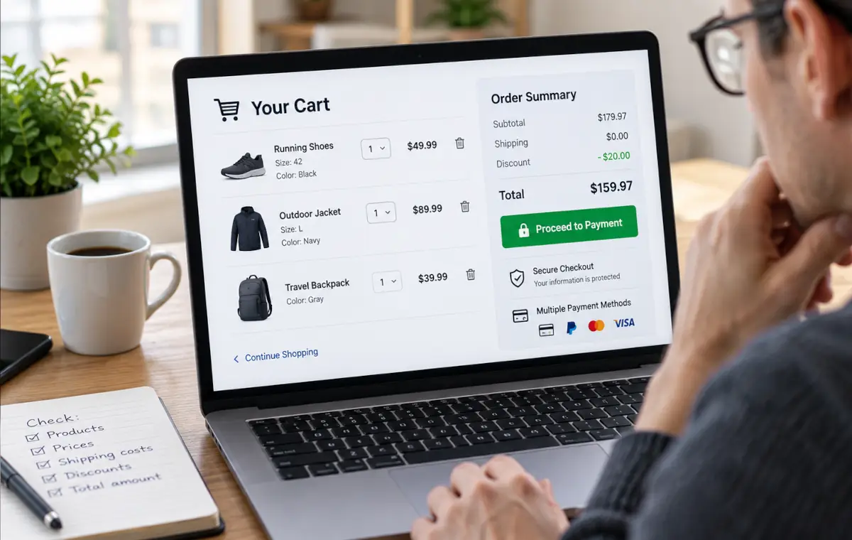 Consommateur vérifiant le panier avant de payer en ligne