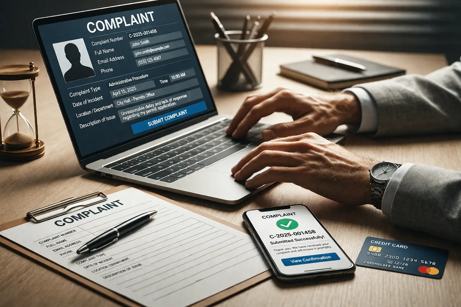Bankkarte, Smartphone und Beschwerdeformular auf einem Schreibtisch