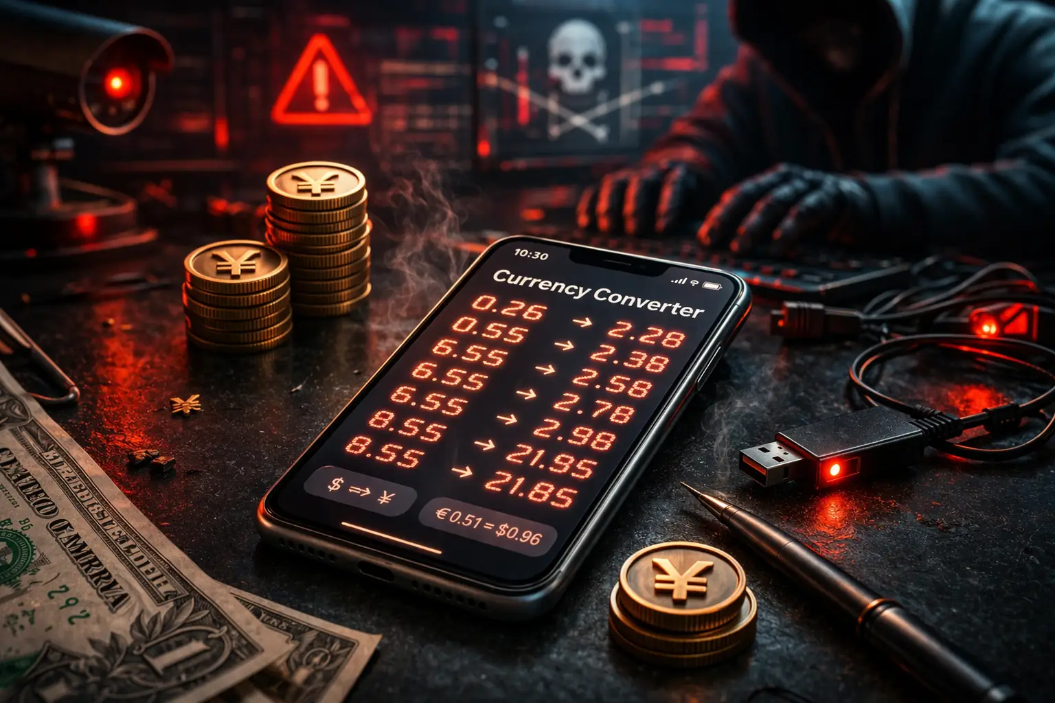 smartphone affichant un convertisseur de devises suspect