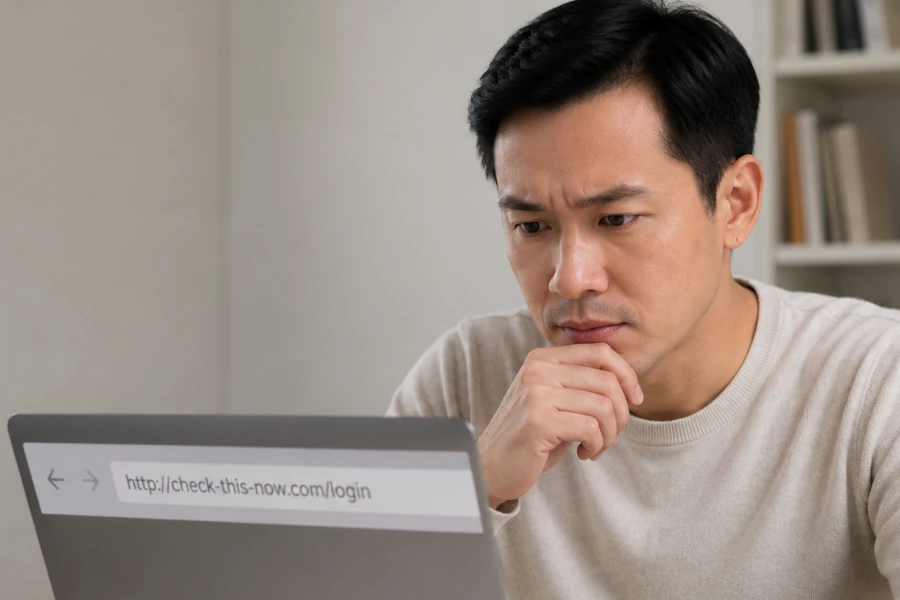 personne vérifiant une adresse web trompeuse sur ordinateur