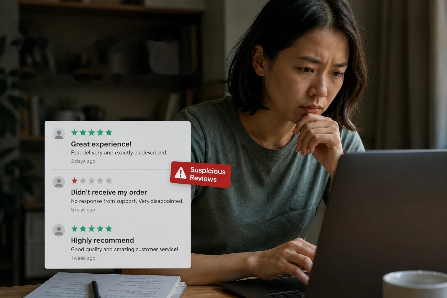 personne examinant des avis en ligne douteux