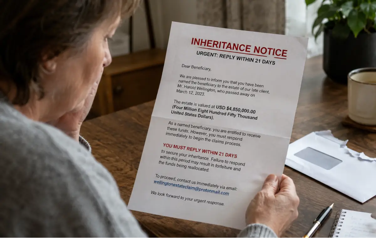 Courrier frauduleux annonçant un héritage à l’étranger