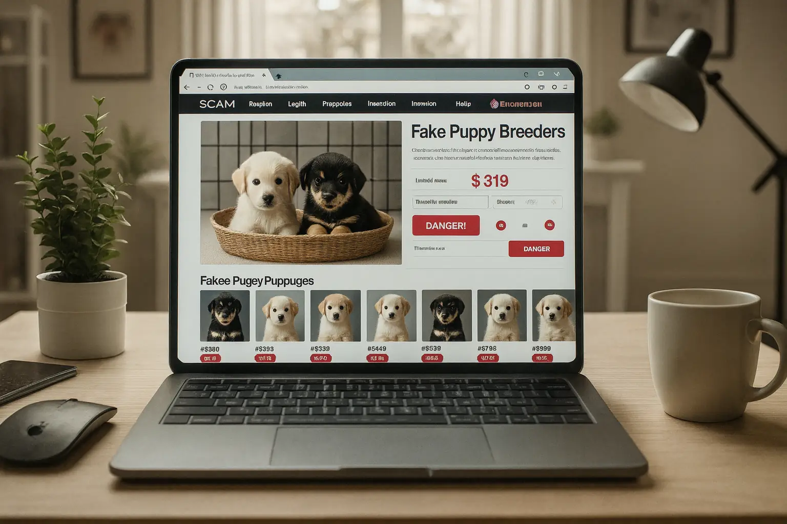 Page web simulant un faux élevage avec des photos volées