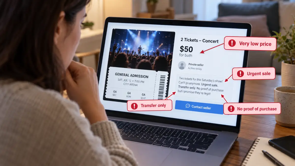 Signaux d’alerte affichés autour d’une annonce de billet en ligne