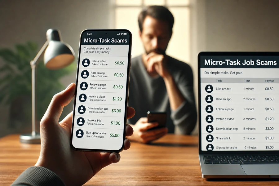 Smartphone and computer displaying a financial dashboard with paid micro-tasks