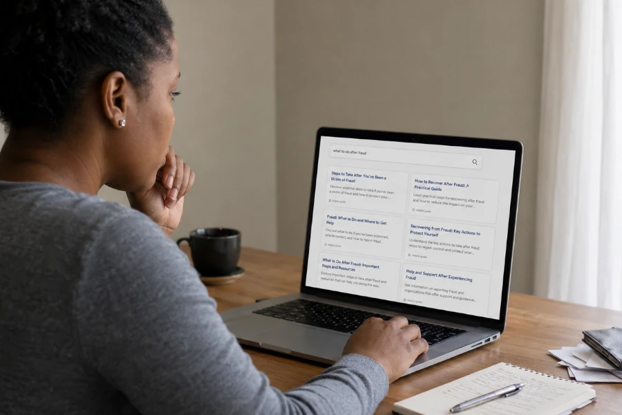 personne vérifiant des résultats de recherche après une fraude