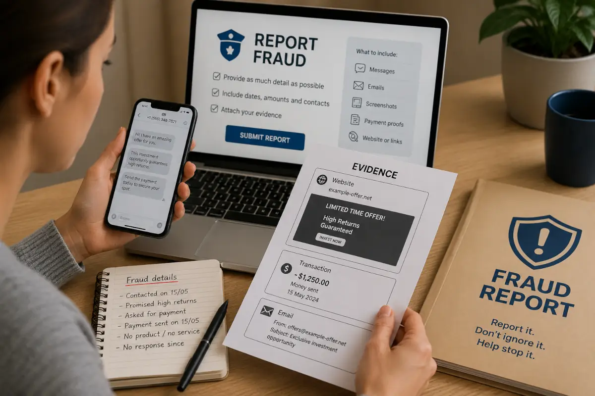 Victime préparant un signalement de fraude avec des preuves numériques