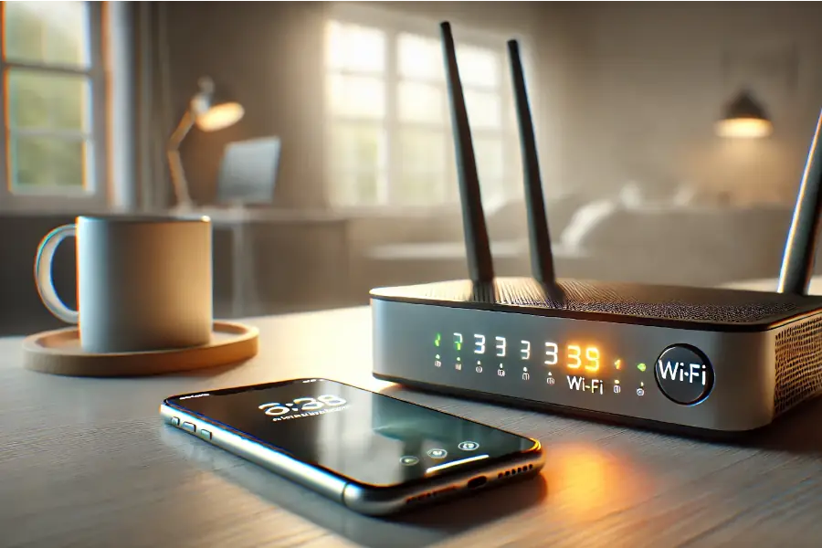 Routeur Wi-Fi allumé sur un bureau