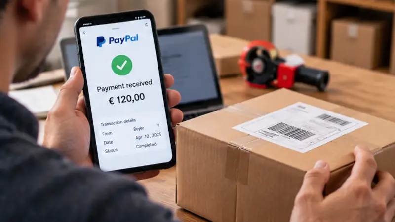 Vendeur vérifiant un paiement PayPal avant d’envoyer un colis