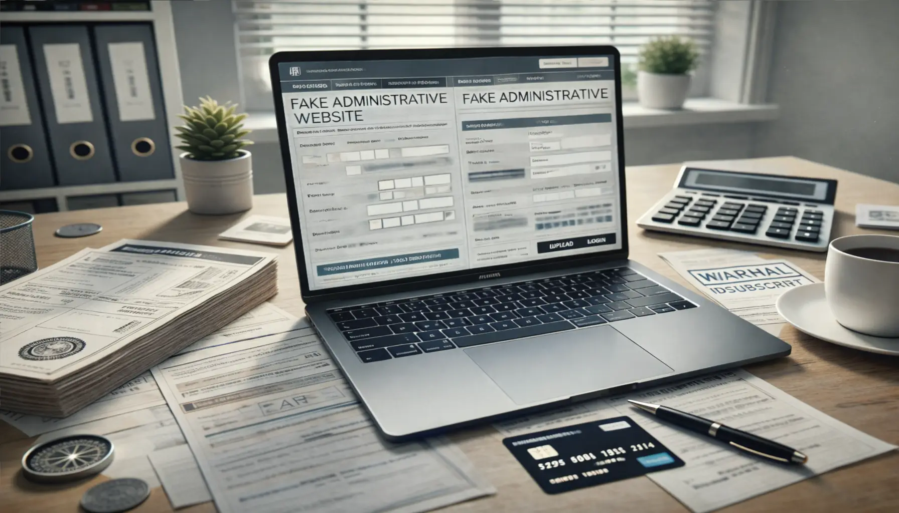 Laptop, Verwaltungsdokumente und Bankkarte auf einem Schreibtisch