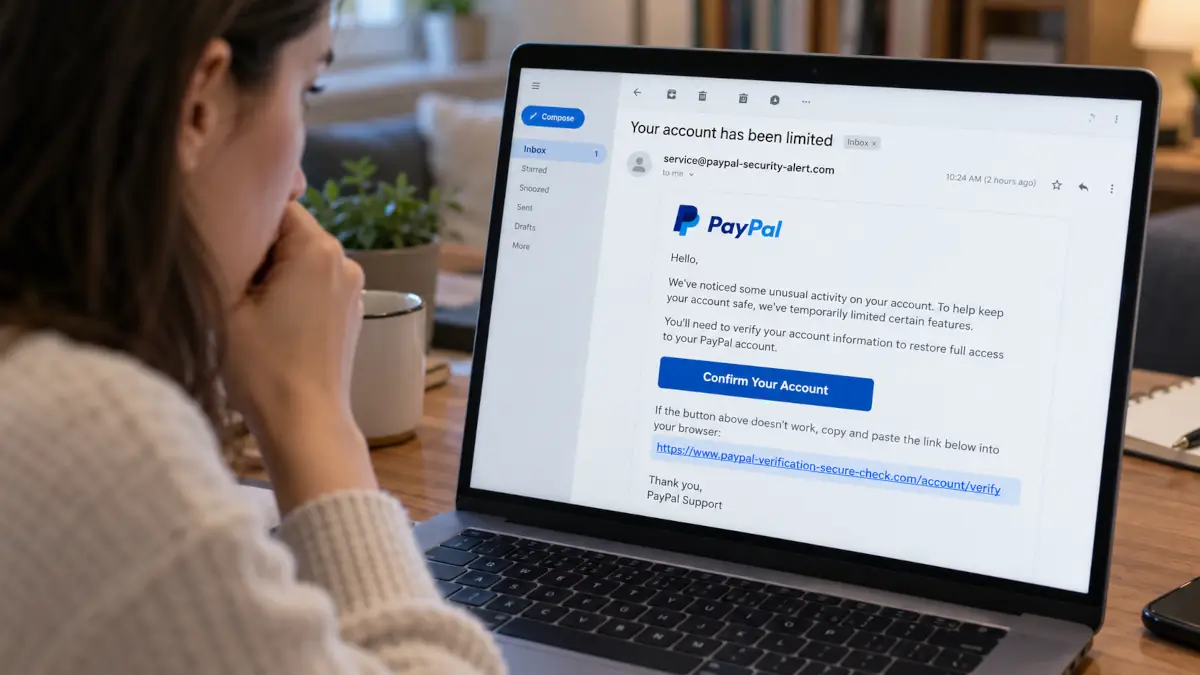 Faux e-mail PayPal affiché sur un ordinateur avec un lien suspect