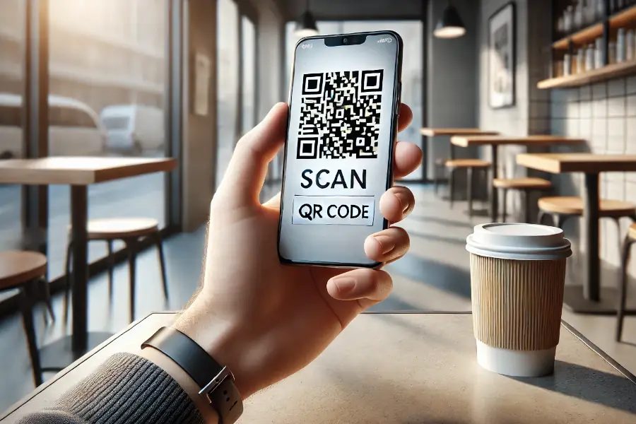 QR code sticker placed on a poster in a public space