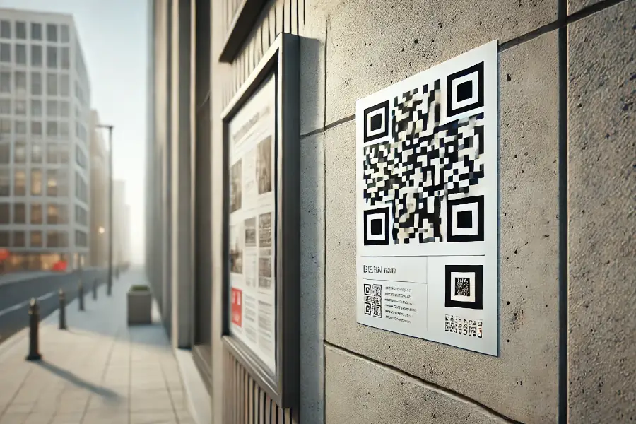 QR code sticker placed on a poster in a public space