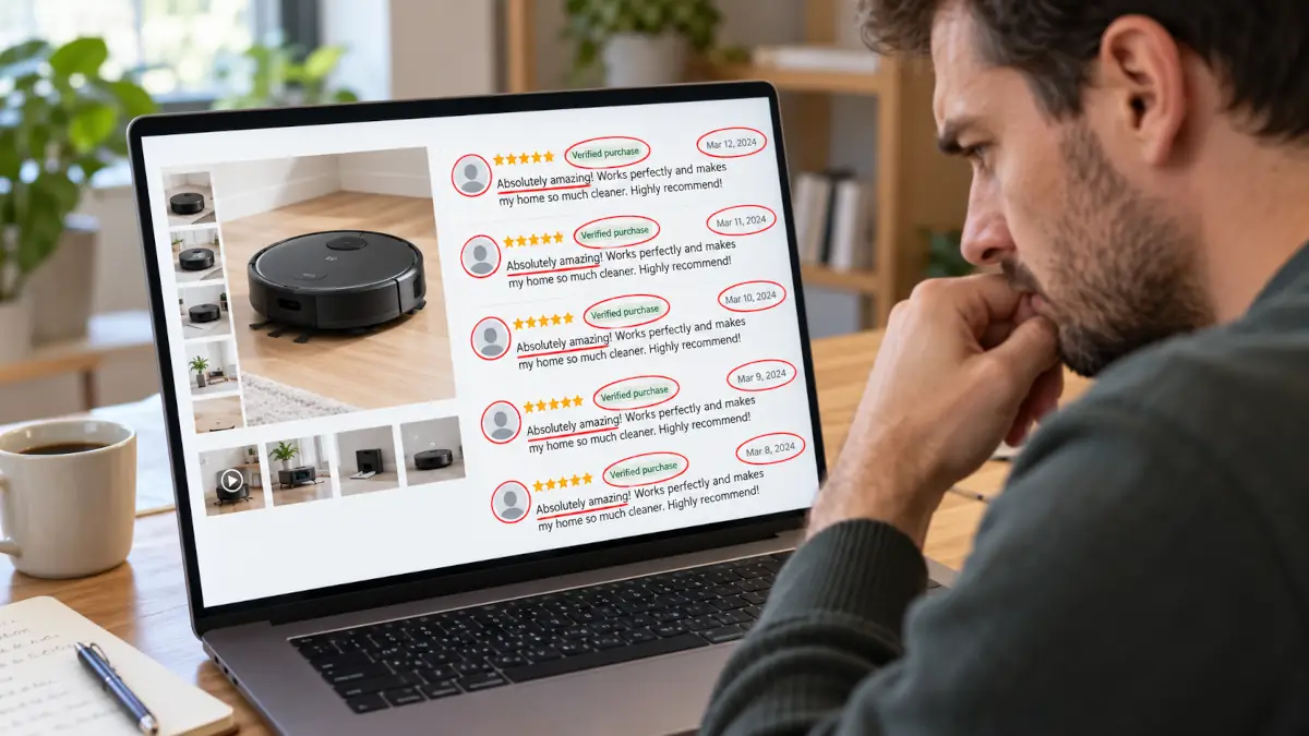 Consommateur examinant des signaux suspects dans des avis clients en ligne