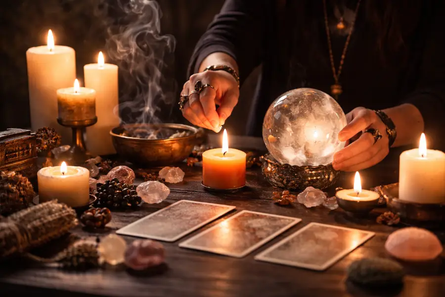 Personne manipulant des bougies et des objets ésotériques lors d’un rituel présenté comme un désenvoûtement