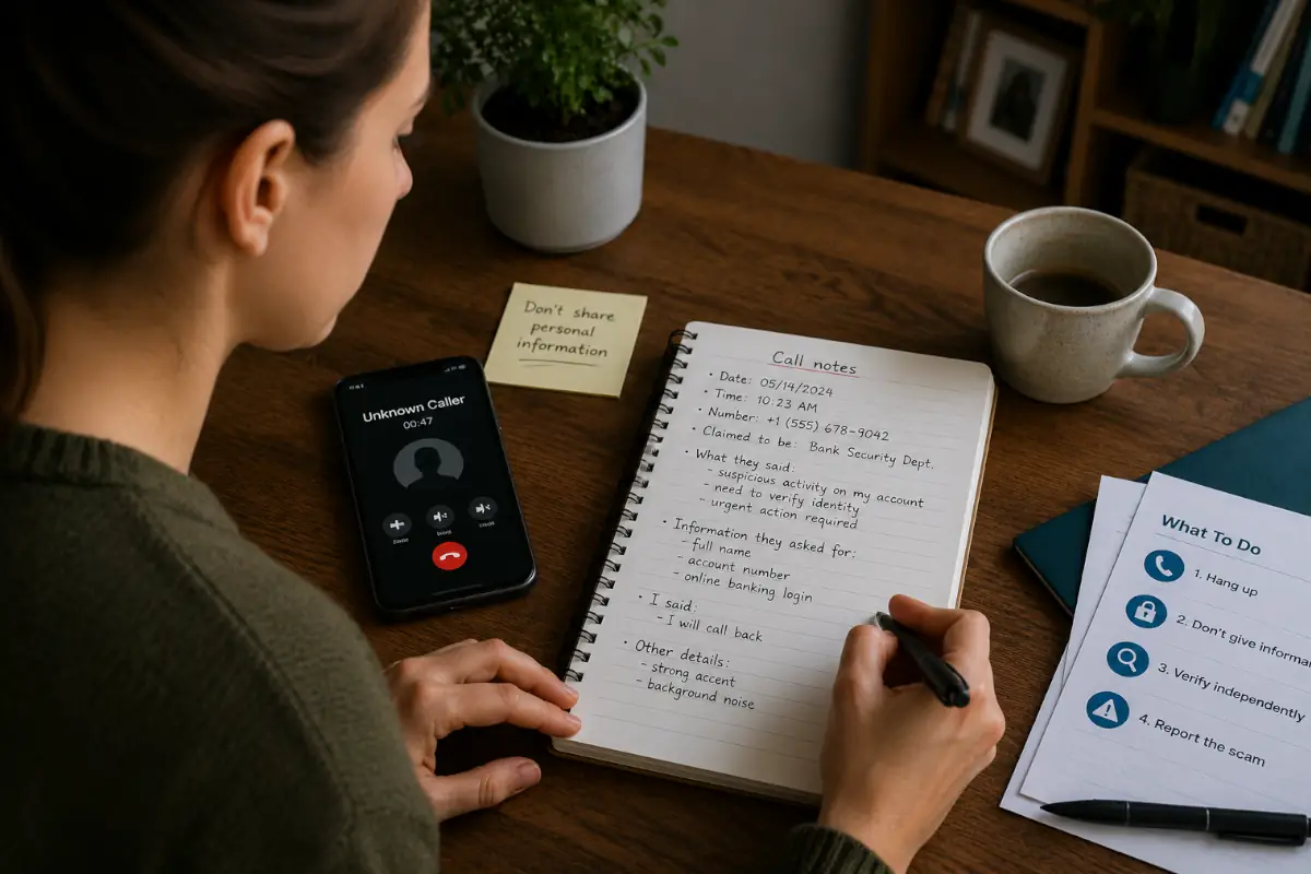 Notes prises après un appel frauduleux pour conserver les informations utiles