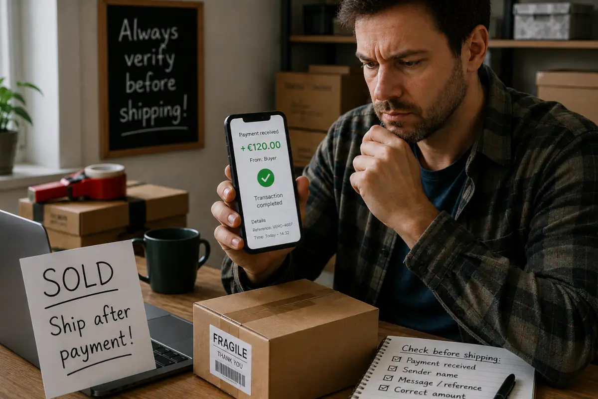 Vendeur consultant son téléphone pour vérifier une transaction entre particuliers