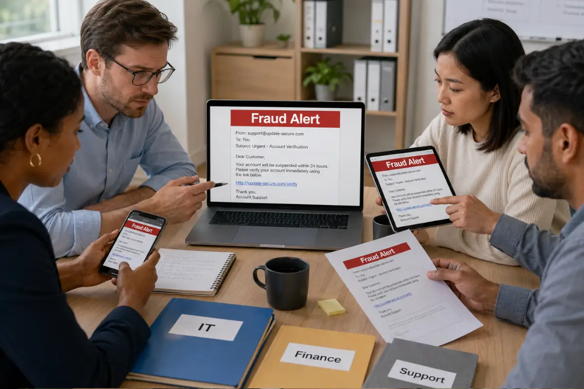 Professionnels partageant une alerte de fraude entre plusieurs services