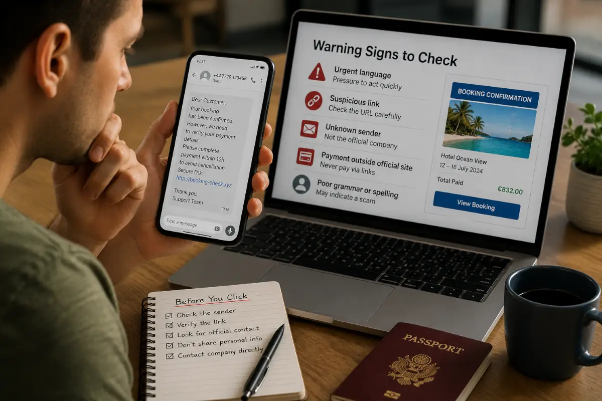 Voyageur vérifiant les signes d’alerte d’un message suspect