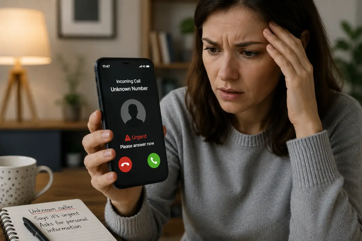 Personne recevant un appel urgent et suspect sur son téléphone