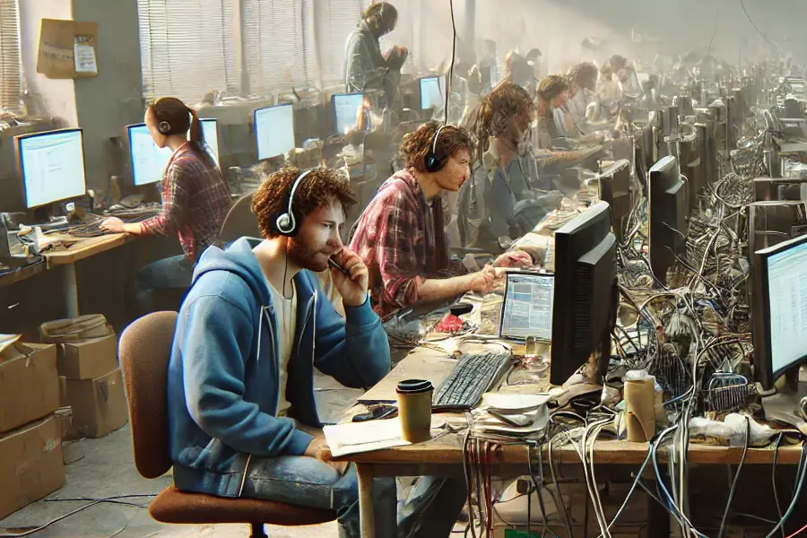 Personne utilisant un casque et un ordinateur dans un environnement de centre d’appels pour répondre à des consultations téléphoniques