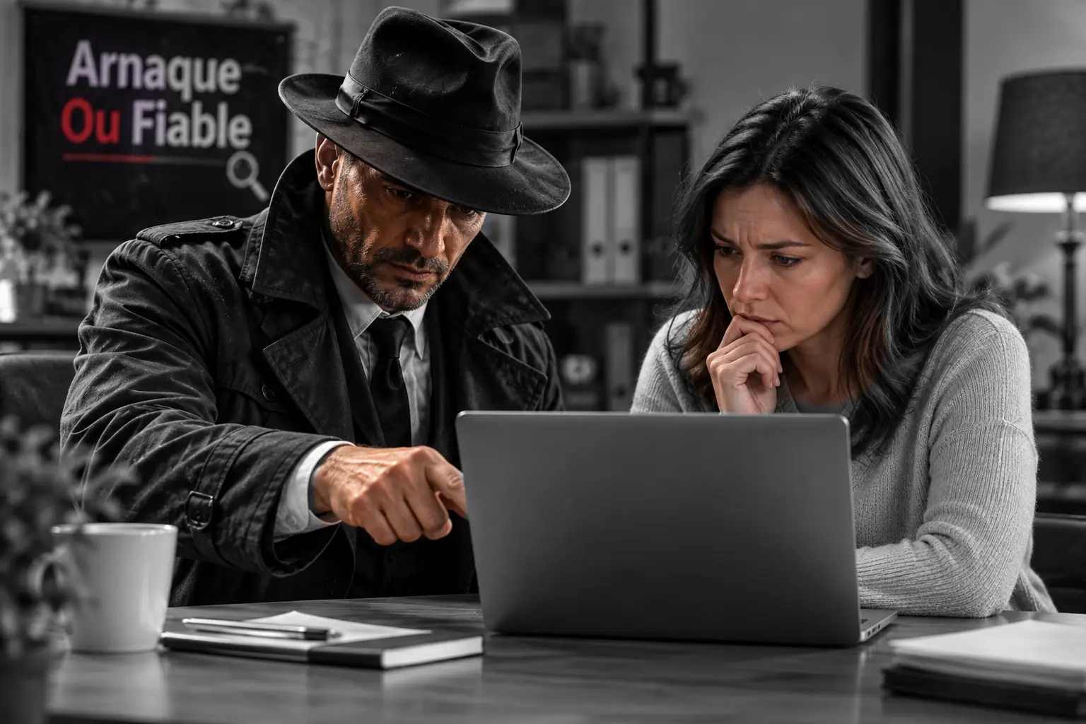 Détective qui assiste une personne dans l’analyse d’un message
