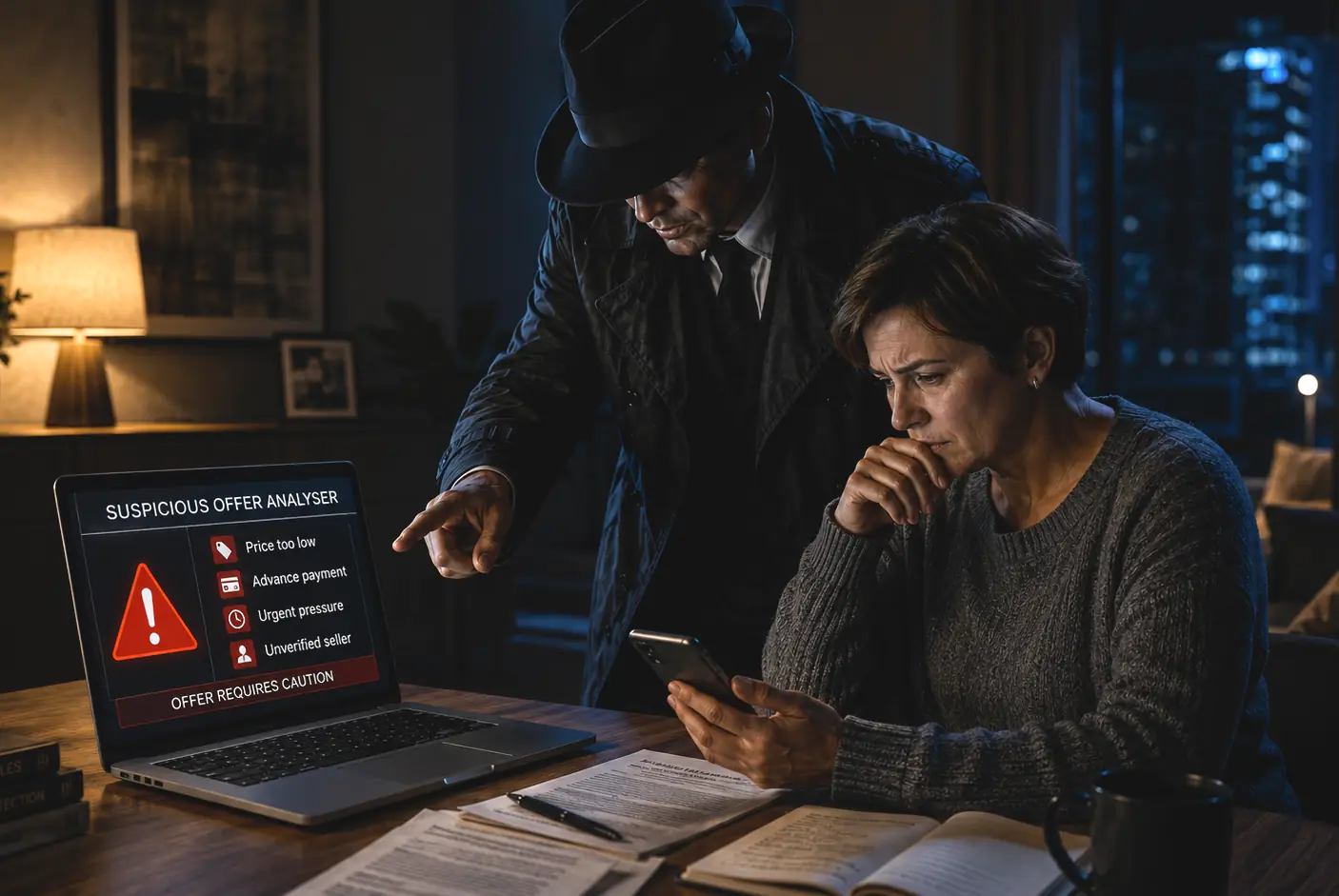 Detective che assiste una persona nell’analisi di un preventivo