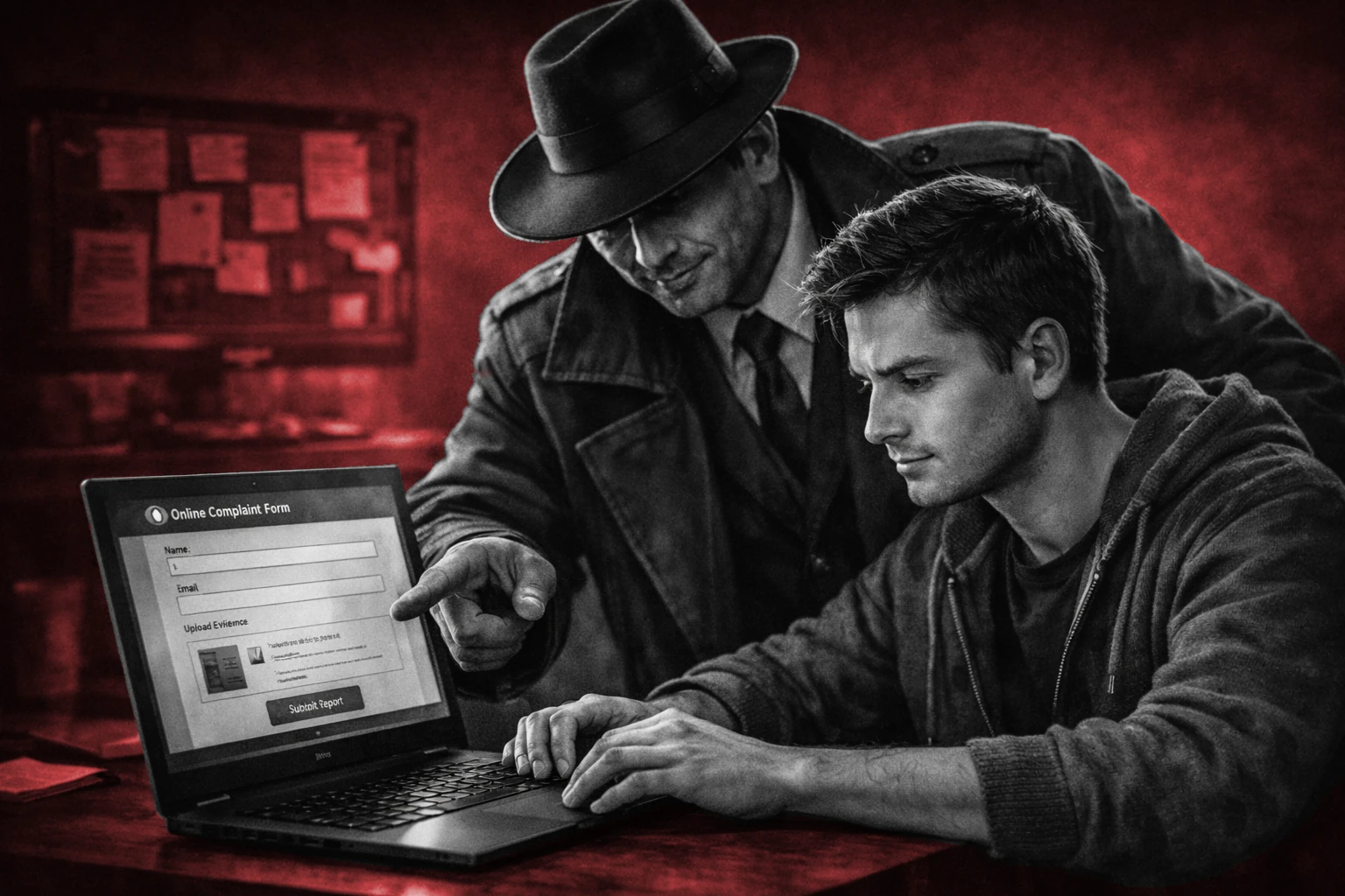 Detektiv, der einer Person hilft, online eine Anzeige zu erstatten