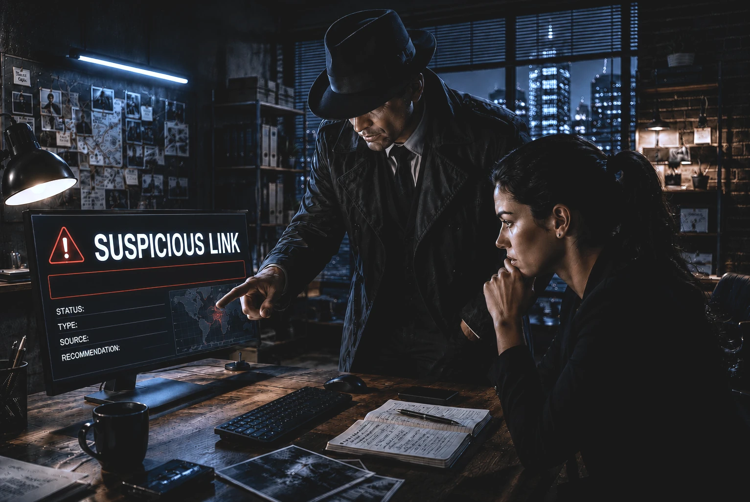 Detective assisting a person checking a suspicious URL